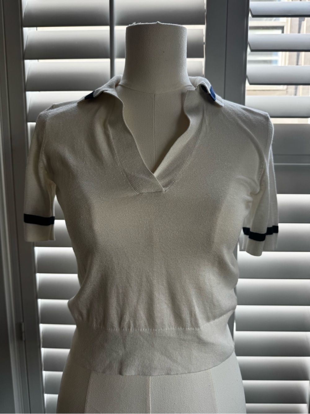 Ralph Lauren Cream Short-Sleeve Polo Crop Top with Navy Trim